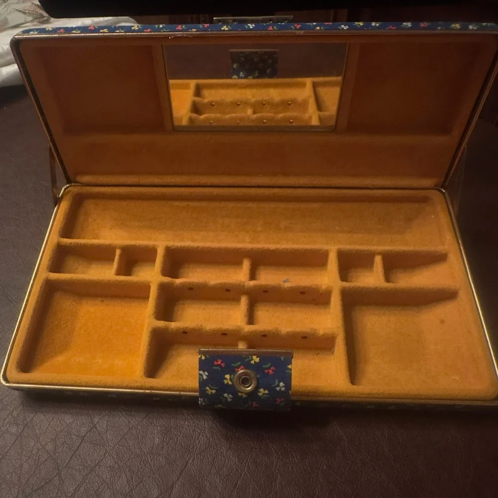 Vintage 1960s 70s Travel Jewelry Case Box Floral Fabric Mirror Organizer Vanity